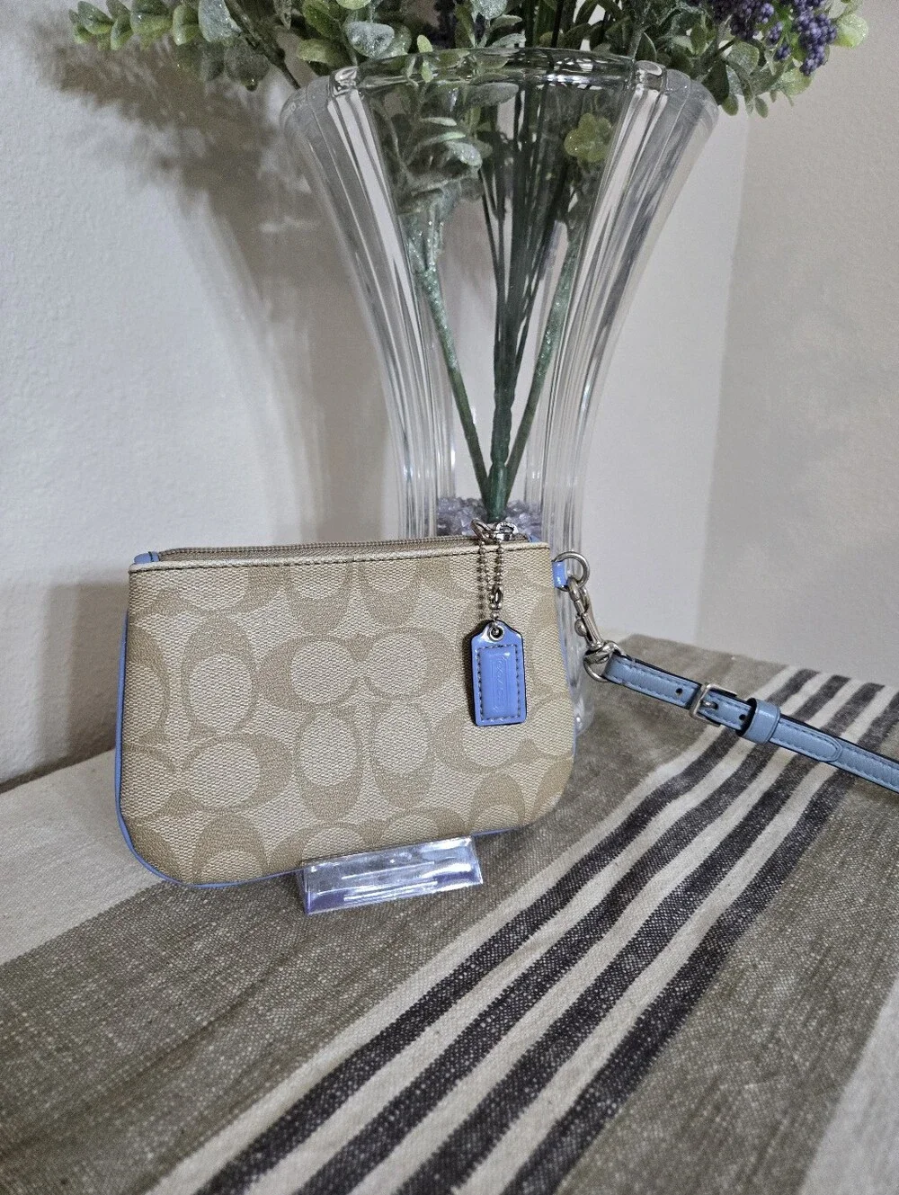 Coach Beige Signature Small Wristlet with Light Blue Trim